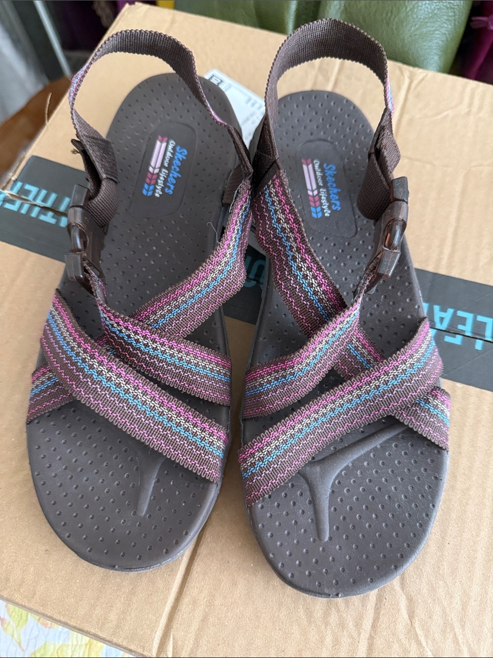 Skechers Women's Reggae Brown Sandals with Pink and Blue Striped Straps